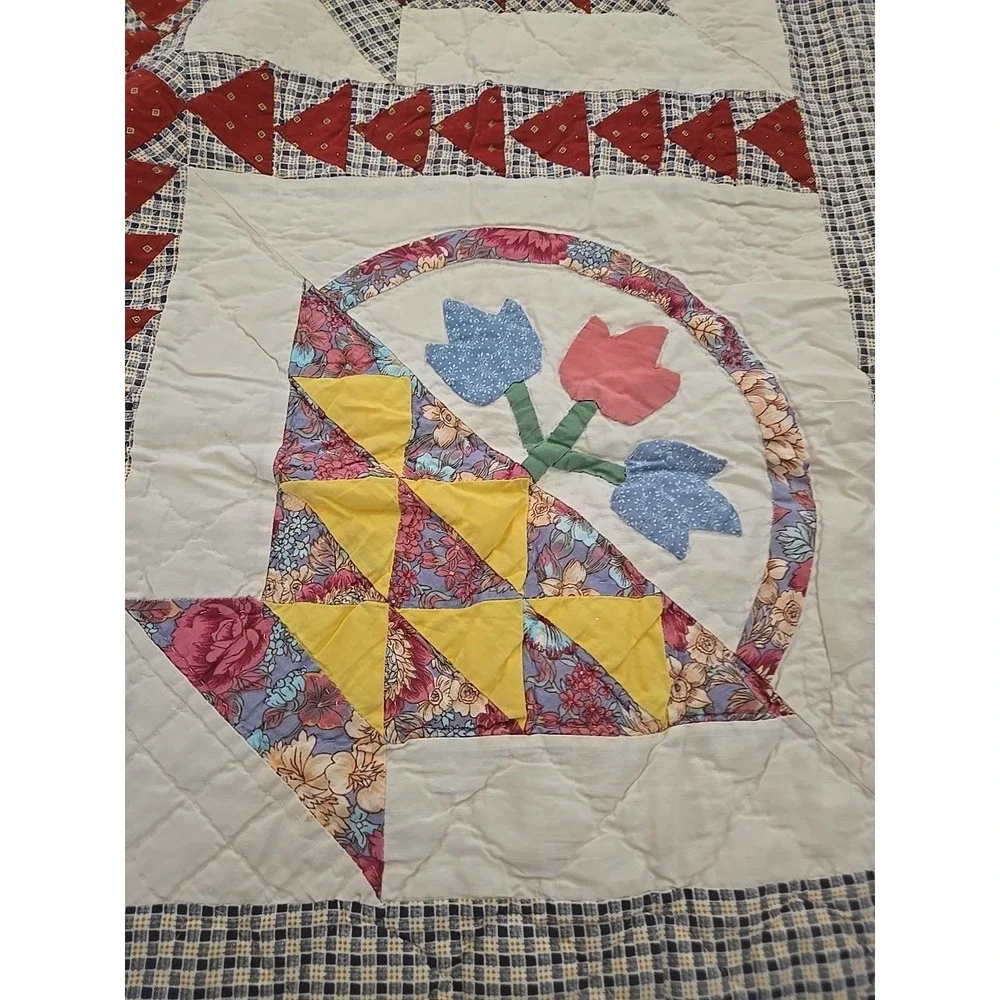 Vtg Grannycore Cottagecore Flower Basket Quilt Handmade Stiched 88